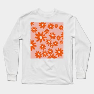 orange retro floral Long Sleeve T-Shirt